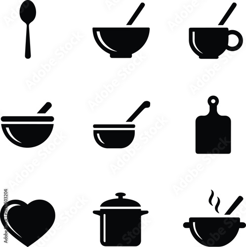 Black silhouette icons of kitchen utensils and cooking elements