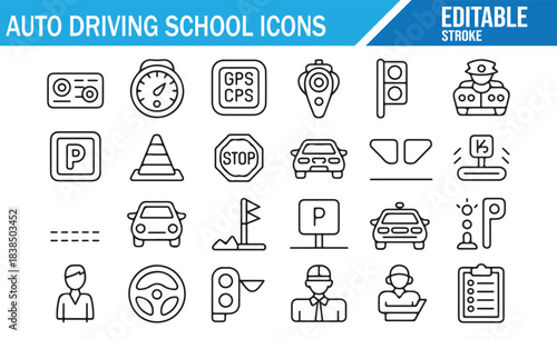 Auto driving school outline icon set with traffic signs and vehicle training symbols
