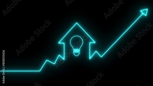 Home icon house sign neon lights animation with up arrow lightbulb . Neon House, home building animation. Neon home business graph icon animation