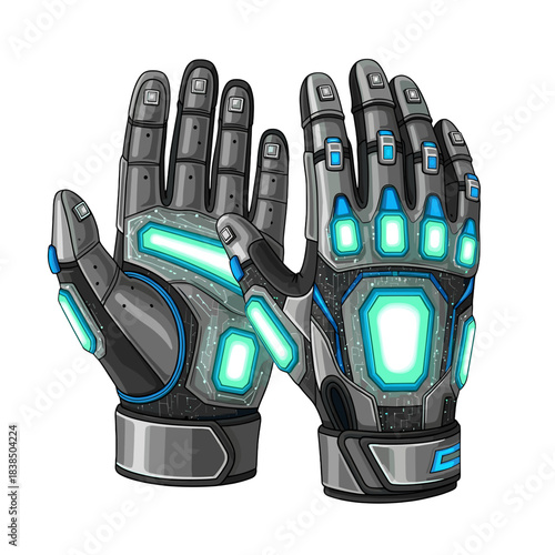Futuristic robotic gloves, silver metal design on transparent background