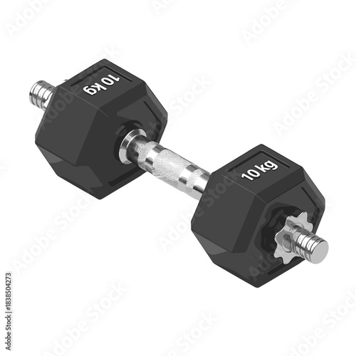 Black 10 kg dumbbell weight for strength training on transparent background