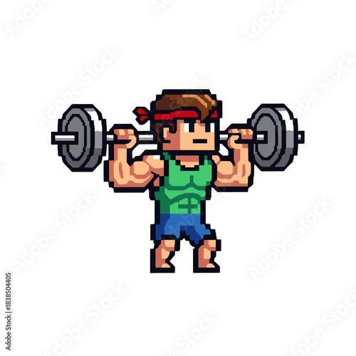 Pixel art weightlifter training with barbell on transparent background