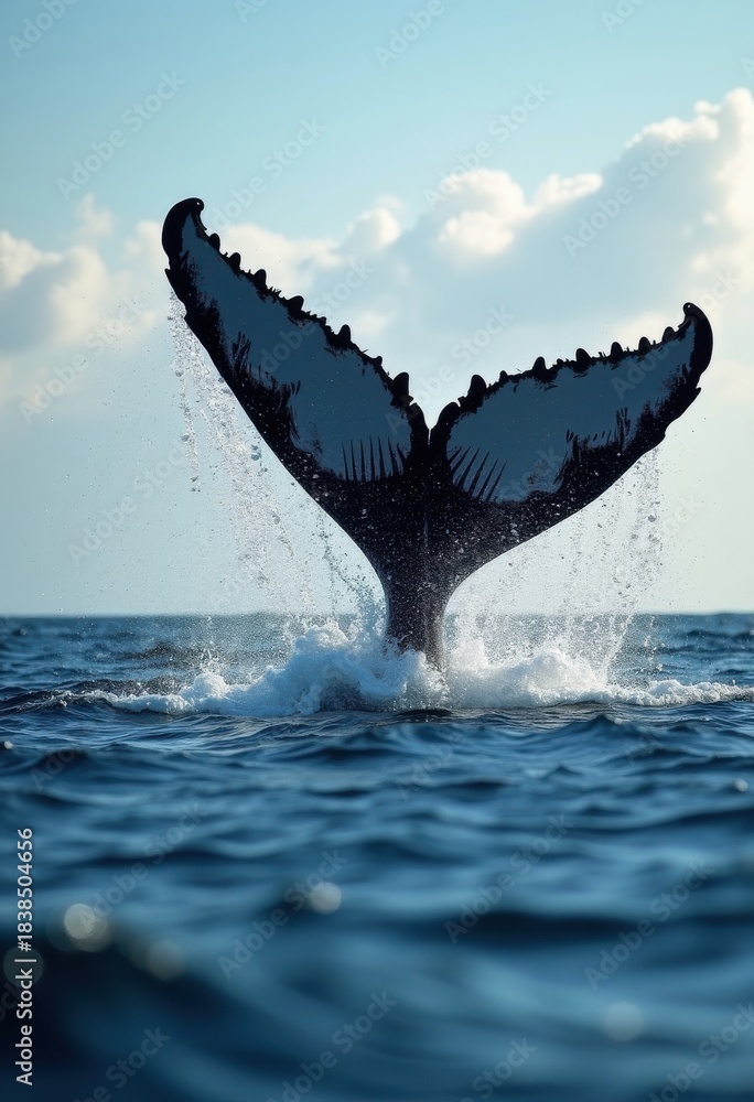 Fototapeta premium Explosive Humpback Whale Tail Splashing in Crystal-Clear Ocean Water