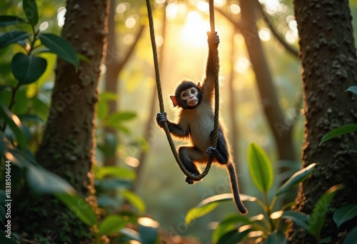 Energetic Monkey Swinging between Unique Exotic Trees Lively Wide Jungle