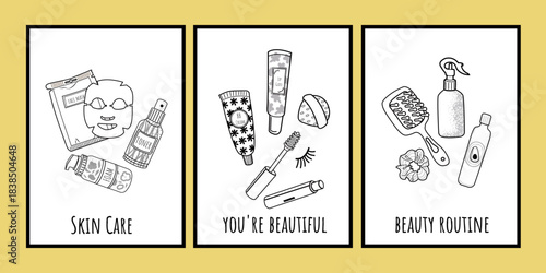 Skin care poster templates set in line style. Business marketing salon ads. Skincare and healthy skin concept. For card, banner, invitation	