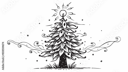 Very beautiful winter pine tree decorated with shimmering ornaments and subtle lighting, surrounded by soft snow and cold mist, forming a gentle festive atmosphere ideal for seasonal artwork.