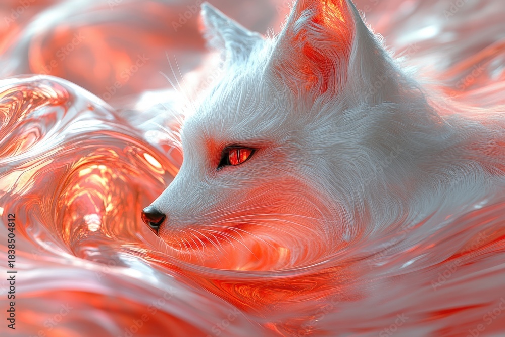 Obraz premium A captivating image of a white fox with striking red eyes, cautiously emerging from a dynamic swirl of vibrant red liquid. The composition evokes a sense of mystery and intrigue.