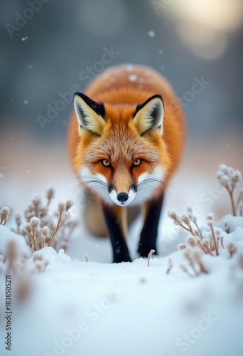 Vivid Red Fox Hunting in Snowy Terrain Amidst Winter Wonderland with Subtle Foxtails and Crystalized Landscape