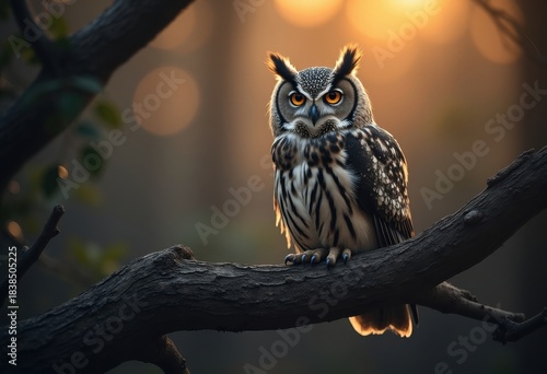 Wise Old Owl Perched Silently on Ancient Alluring Branch Amidst Timeless Abstract Atmosphere