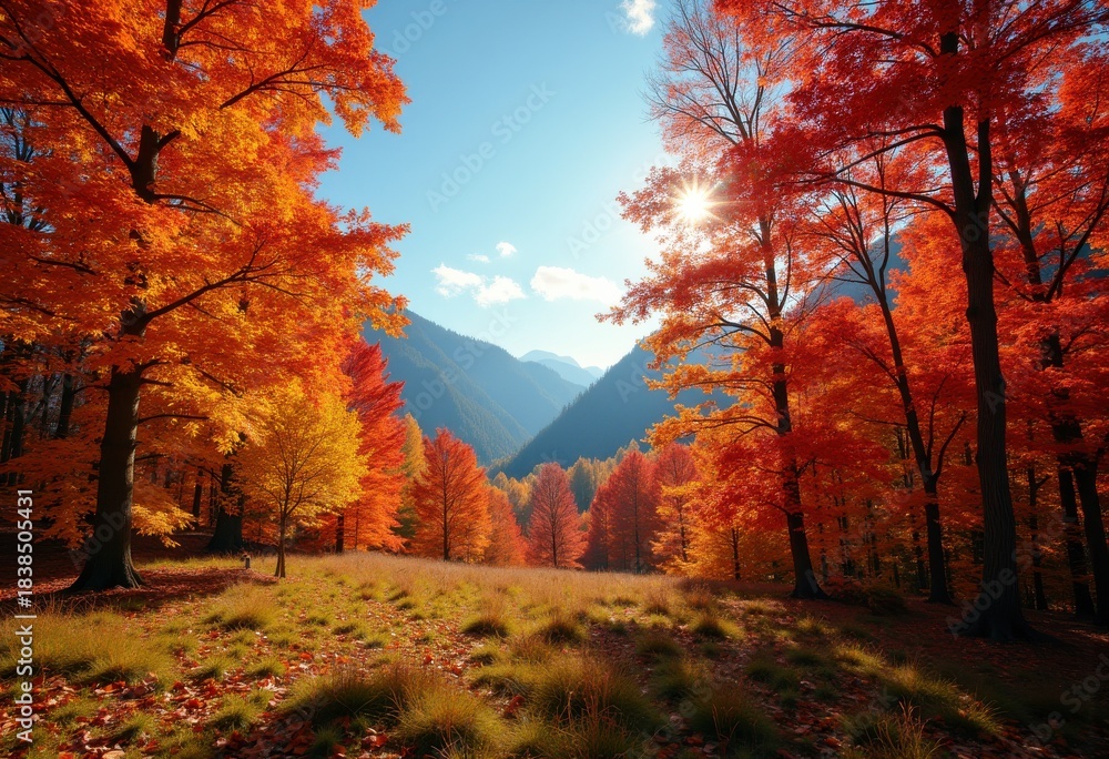 Fototapeta premium Vibrant Autumn Foliage Against Clear Blue Sky Capturing Nature's Colorful Transformation
