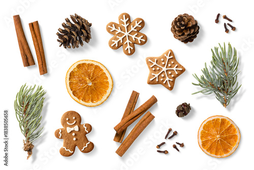 Collection of natural winter and Christmas elements, including dried orange slices, cinnamon sticks, pine cones, gingerbread cookies and spruce branches isolated on a transparent background, PNG.