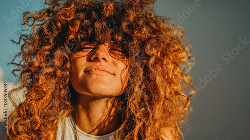 Woman with curls basking in sunlight