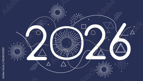 A sophisticated modern abstract graphic illustration featuring the year 2026 prominently displayed in elegant white numbers on a deep navy blue background surrounded by a dynamic arrangement of geomet