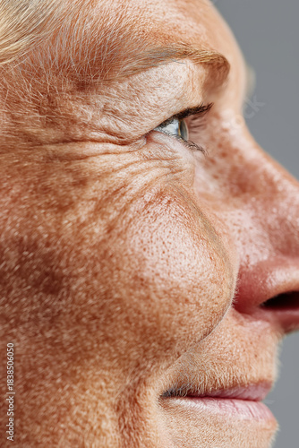 Wrinkled woman gazes sideways in light
