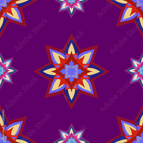 Festive pattern, colorful abstract ornament, purple background. Seamless floral pattern-914.
