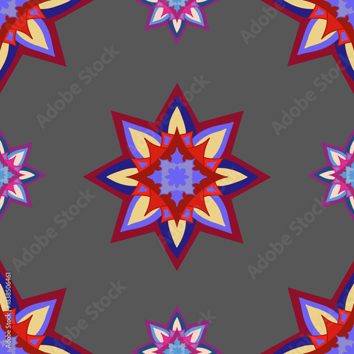 Festive pattern, colorful abstract ornament, grey background. Seamless floral pattern-915.