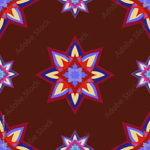 Festive pattern, colorful abstract ornament, red background. Seamless floral pattern-911.