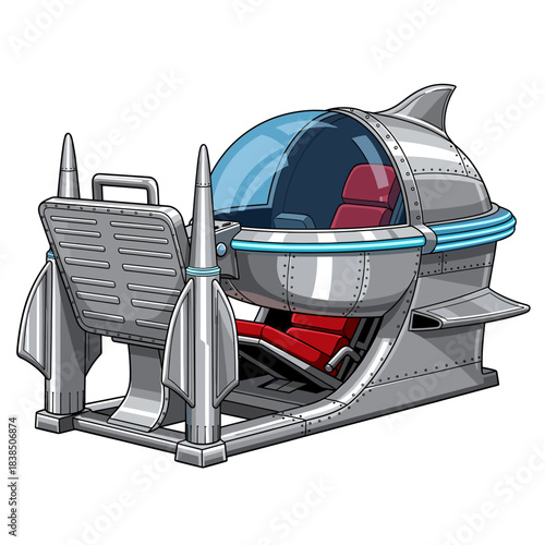Cartoon submarine vehicle with red seats on transparent background
