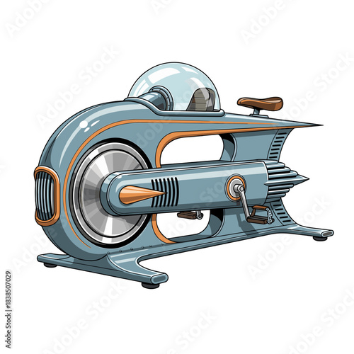 Retro futuristic exercise bike, stationary cycling equipment on transparent background