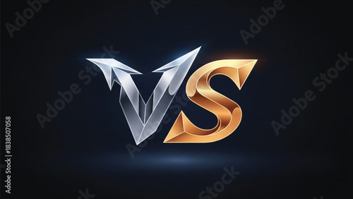 A powerful "VS" versus graphic featuring dynamic, metallic 3D typography. The 'V' is rendered in sleek, sharp silver, contrasting sharply with the bold, gleaming gold of the 'S'. 