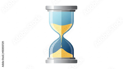 A realistic, high-quality vector illustration of a classic hourglass timer. Bright yellow sand flows into the bottom chamber through the narrow neck, symbolizing the passing of time, deadlines.