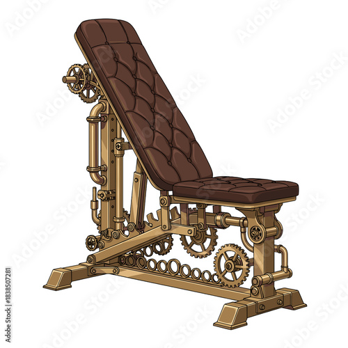 Steampunk style weight bench, fitness equipment on transparent background