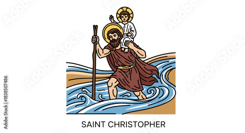 Vibrant illustration of Saint Christopher carrying child across water, a timeless symbol of faith and protection for spiritual projects and religious education materials