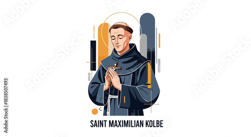 Saint Maximilian Kolbe in prayer with spiritual devotion, a symbol of faith and sacrifice, rendered with modern artistic style for religious organizations and educational content