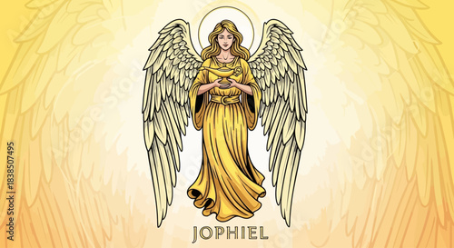 Imagine a celestial guardian radiating golden light, offering guidance and inspiration for spiritual growth with serene beauty and divine grace in your next project