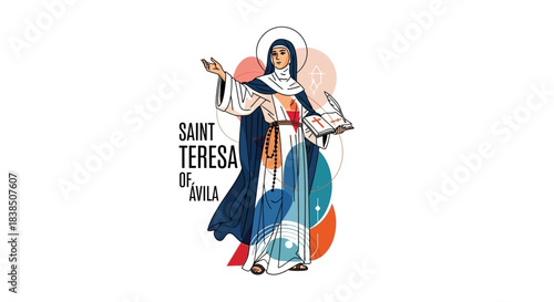Inspiring Saint Teresa of Ávila illustrated with artistic flair, perfect for religious education materials and commemorative designs, celebrate faith with this beautiful depiction