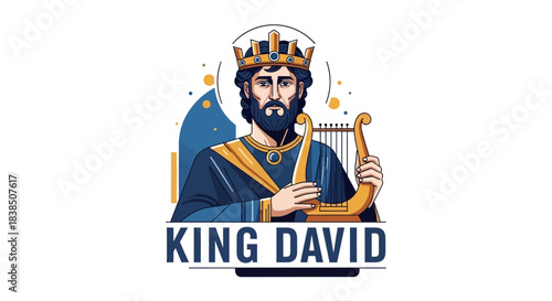 Illustrative portrayal of King David with his harp and majestic crown, ideal for religious education, biblical storytelling, and historical narratives in vibrant visual style