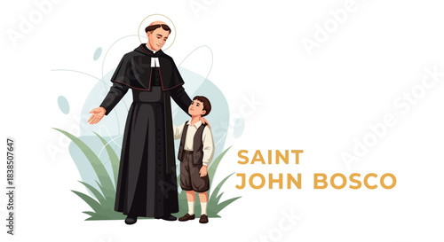 Saint John Bosco, a compassionate figure, guides a young boy with gentle kindness and wisdom, embodying hope and inspiration for a brighter future through education and faith