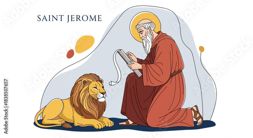 Admirable Saint Jerome translating the Bible with his loyal lion companion, embodying faith and wisdom, perfect for inspirational art and religious education materials