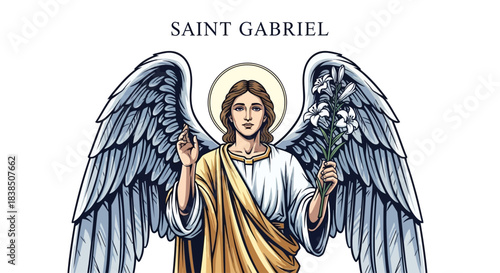 Saint Gabriel the Archangel holding lilies with striking wings, inspiring faith and hope, perfect for religious events and spiritual designs with divine beauty