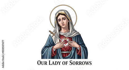 Our Lady of Sorrows illustration depicting a sorrowful Mary with sword piercing her heart, a powerful symbol of faith and suffering, perfect for religious publications and art