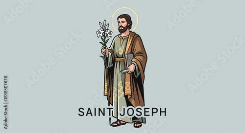 Saint Joseph illustration with halo and lilies, a symbol of faith, hope, and devotion for religious education materials, church publications, and spiritual artwork featuring religious figure