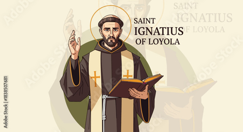 Inspiring Saint Ignatius of Loyola illustration holding book, spreading faith and wisdom, perfect for religious education materials or historical depictions with spiritual impact
