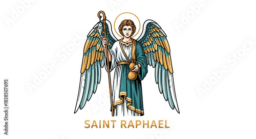 Saint Raphael the Archangel with wings and halo, a symbol of healing, guidance, and protection for religious and spiritual themes, inspiring faith and hope for believers
