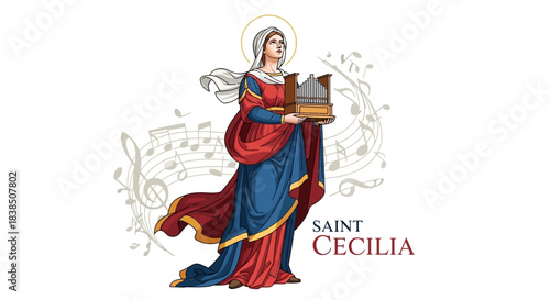 Stunning illustration of Saint Cecilia patroness of musicians holding a portable organ with flowing musical notes creating an elegant religious design