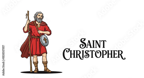 Stunning depiction of Saint Christopher the traveler with staff and pilgrim badge ready for a religious journey or historical project