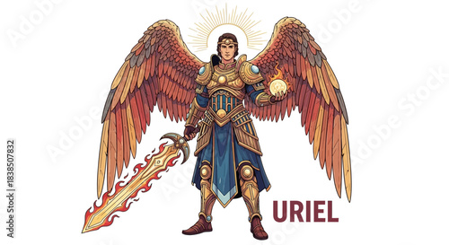 Stunning depiction of the Archangel Uriel in golden armor holding a flaming sword and divine light, ready for epic fantasy storytelling