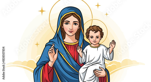 Stunning illustration of the Virgin Mary tenderly holding the infant Jesus Christ surrounded by heavenly light and stars