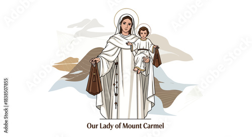 Stunning illustration of Our Lady of Mount Carmel holding the Child Jesus presenting scapulars against a modern mountain backdrop