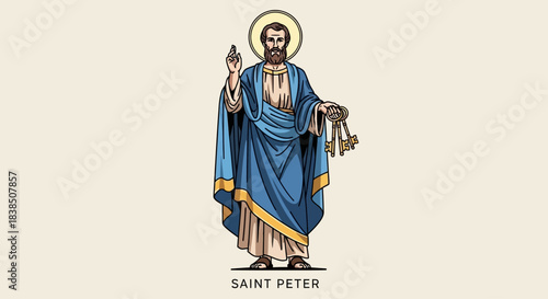 Stunning stylized depiction of Saint Peter holding the keys to heaven with a saintly halo and blessing gesture