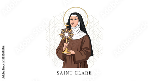 Elegant illustration of Saint Clare holding the Blessed Sacrament in a golden monstrance with subtle modern geometric background