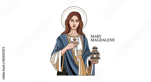 Elegant stylized portrait of Saint Mary Magdalene holding an alabaster jar with a halo radiating peace and devotion for religious projects