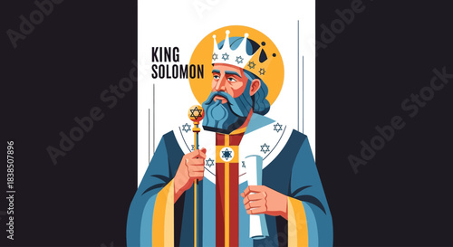 Stunning artistic depiction of the wise King Solomon wearing a crown and holding a scepter with Star of David symbols