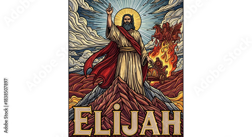 Stunning stylized depiction of the prophet Elijah ascending to heaven in a chariot of fire atop a dramatic mountain landscape