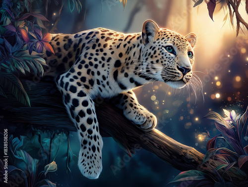 Fantasy leopard in a magical forest 