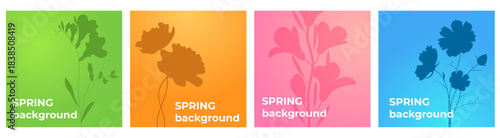 A set of vibrant, colorful backgrounds with floral silhouettes in four variations. Suitable for banners, posters, digital design, social media, advertising materials, postcards, and seasonal promotion